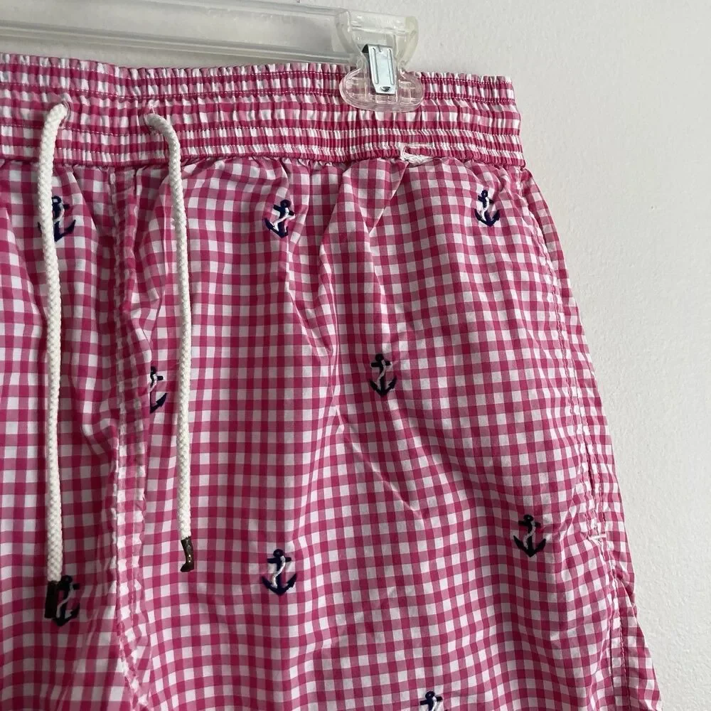 Polo Ralph Lauren Mens Pink Gingham Anchors Swim Trunks Board Shorts Large